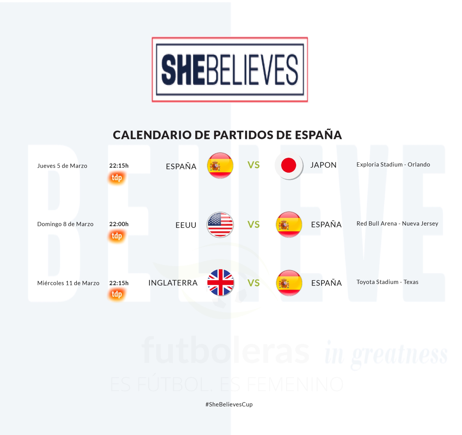 Calendario de partidos de España en la She Believes Cup